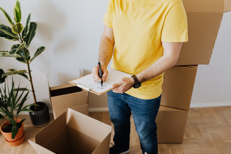 A person wearing a yellow t-shirt and blue jeans stands inside a room filled with moving boxes, holding a clipboard and marker while preparing a moving checklist. Several large cardboard boxes, some open and others stacked, are on the wooden floor, suggesting a home relocation process. The person appears to be recording inventory or packing details as part of furniture transport and packing and moving activities. To the left, there are potted plants, adding a touch of greenery to the indoor environment. The lighting is natural, indicating daytime. This scene reflects the preparations involved in house removals and relocation services often handled by companies like Man with Van Stamford Hill, emphasizing careful planning and organization during house moves, especially in busy urban areas such as Chatsworth Road and Stamford Hill.