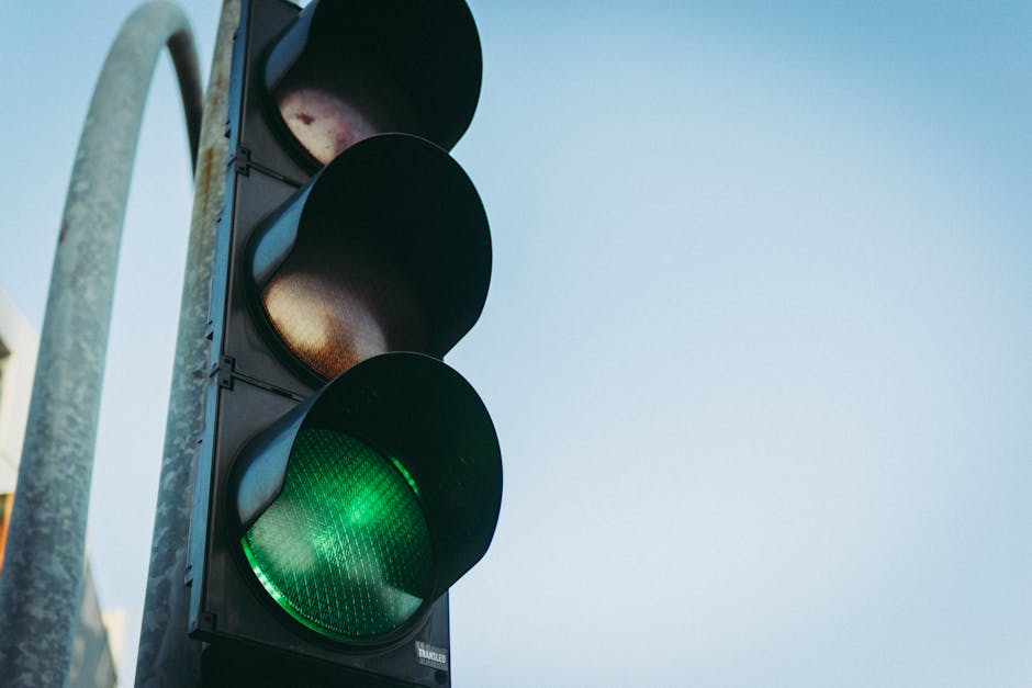 A vertical traffic light with three circular signals, showing the green light illuminated at the bottom, mounted on a metal pole against a clear blue sky. The traffic light is used to control vehicle and pedestrian movement and is positioned near a property where house removals and furniture transport may take place. This image is relevant to moving logistics in the Stamford Hill area, supporting services such as home relocation, packing, loading, and parking management during removals, as provided by Man with Van Stamford Hill. The lighting indicates daytime conditions, and the pole is visible on the left side of the image. The surroundings are not visible beyond the pole and sky, focusing solely on the traffic signal, which emphasizes urban moving and parking rules essential for effective moving operations within residential areas such as N16 postcode district.
