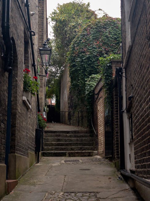 A narrow outdoor alleyway between two brick buildings, featuring a stone staircase leading upward toward a black gate. The alley is paved with concrete slabs, with some small, irregular stones near the edges. On the left side, a black metal handrail runs along the staircase, and a black lantern-style outdoor light is mounted on the brick wall. Red and green foliage, including a small plant in a flowerpot, decorates the left wall near the lantern. On the right side, the brick wall has black exterior piping and a shuttered window. At the top of the stairs, lush greenery and climbing plants partially obscure a tall brick wall and a black gate. This setting reflects a typical urban house front or back access point, commonly seen in residential areas where local removals services from [COMPANY_NAME] might prepare for furniture transport or home relocation projects, aligning with the topic of Stamford Hill Road moves and staircase removal tips.